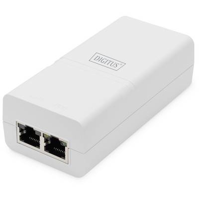Biały adapter PoE z dwoma portami Ethernet z napisem 'DIGITUS' na górnej powierzchni.