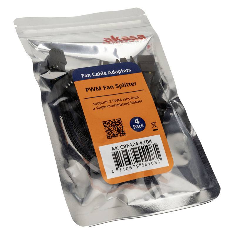 Opakowanie rozgałęziacza wentylatorów PWM z czterema adapterami. Umożliwia podłączenie dwóch wentylatorów PWM do jednego złącza na płycie głównej.