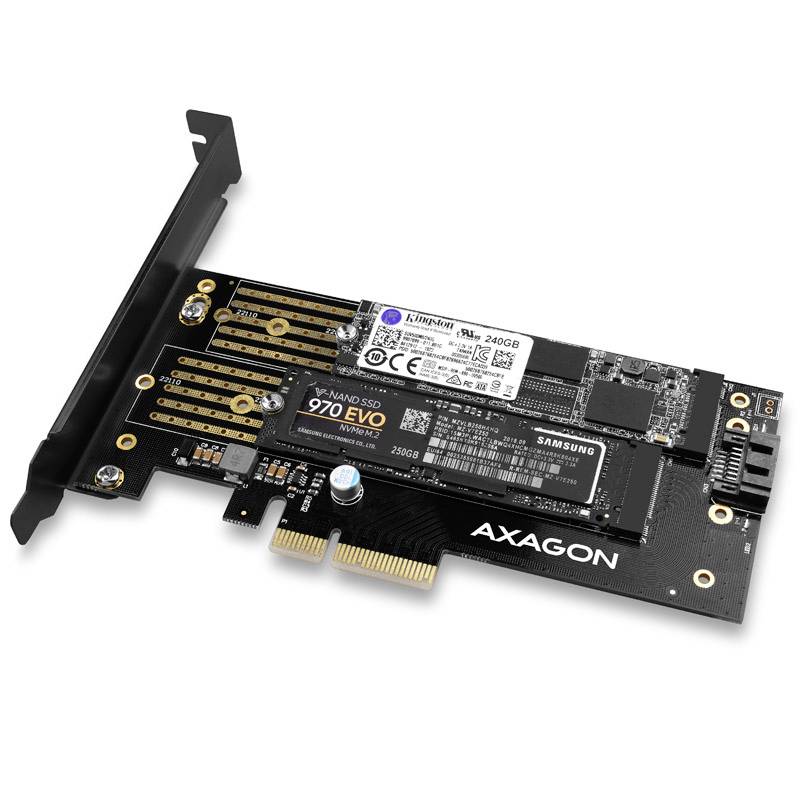 Wewnętrzna karta rozszerzeń PCIe NVMe SSD firmy Axagon z dyskiem SSD Samsung 970 EVO, przeznaczona do szybszego dostępu do danych i rozbudowy pamięci.