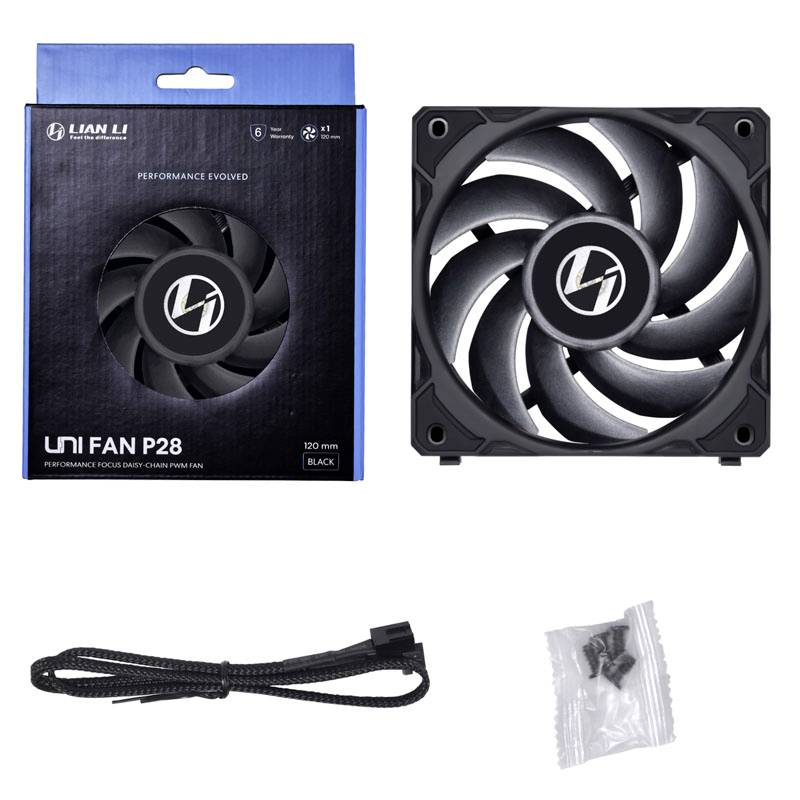 Wentylator obudowy komputera Lian Li UNI FAN P28 w kolorze czarnym. Zawiera wentylator, kabel zasilający oraz śruby. Odpowiedni do obudów komputerowych.