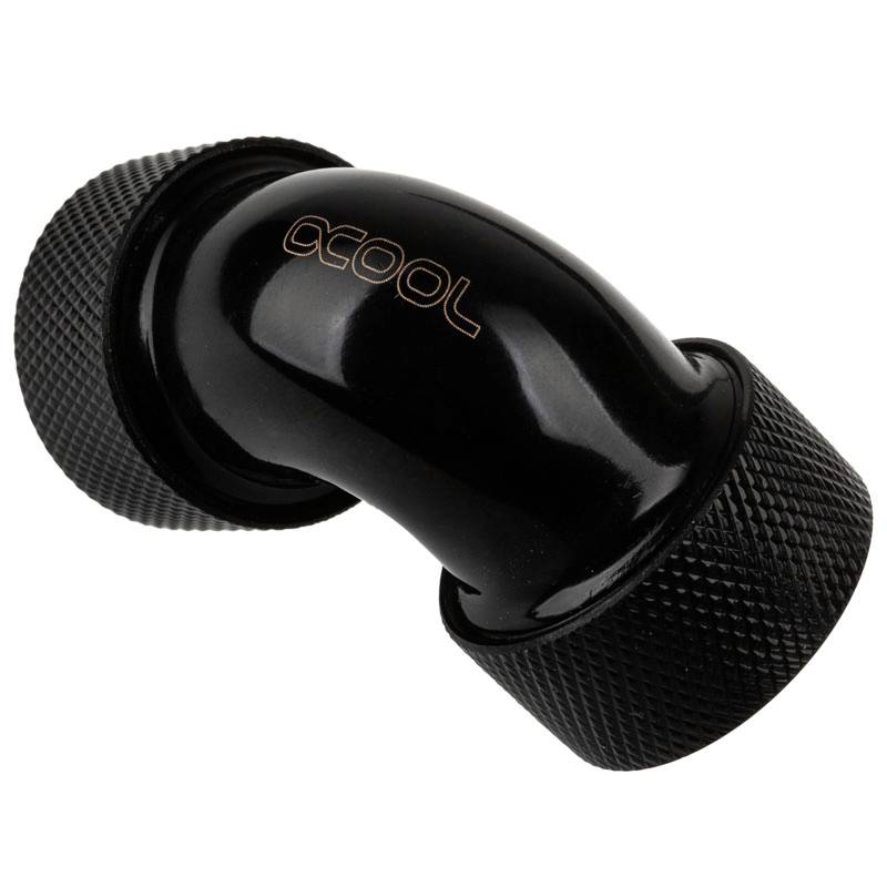 Czarny metalowy kątownik z napisem 'acool', stosowany do połączeń w systemach chłodzenia wodnego, z gwintowanym profilem karbowanym.