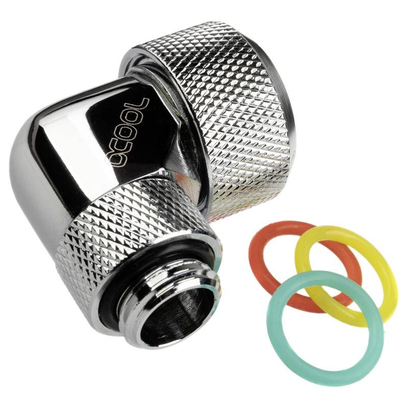 Metalowy adapter kątowy z rowkowaniem, prawdopodobnie do podłączeń wodno-powietrznych. Zawiera trzy kolorowe uszczelki O-ring w kolorach czerwonym, żółtym i niebieskim.