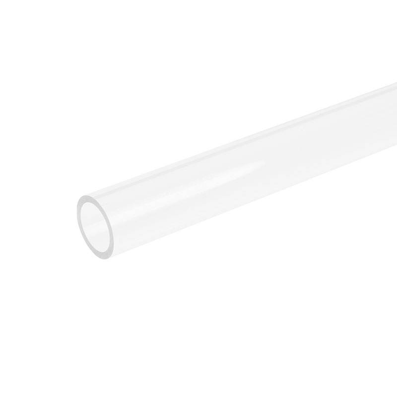 Przezroczysty, pusty cylinder z tworzywa sztucznego wykonany z akrylu, widoczny z przodu i z boku, podkreśla strukturę materiału i jego kształt.