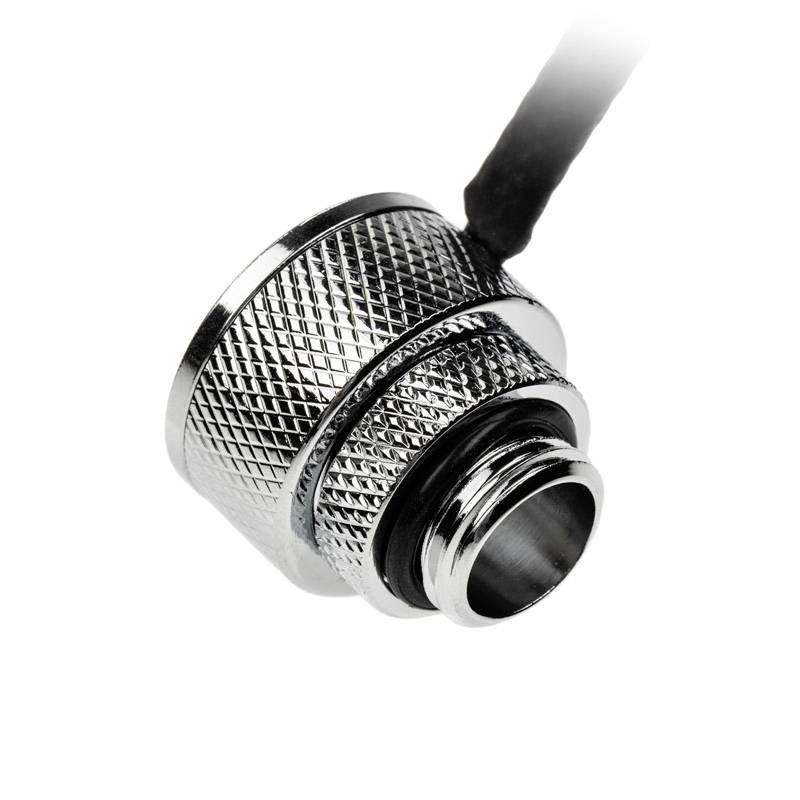 Przedstawiono chromowany adapter metalowy o żebrowanej powierzchni z czarnym przewodem; wygląda na elektryczne złącze.