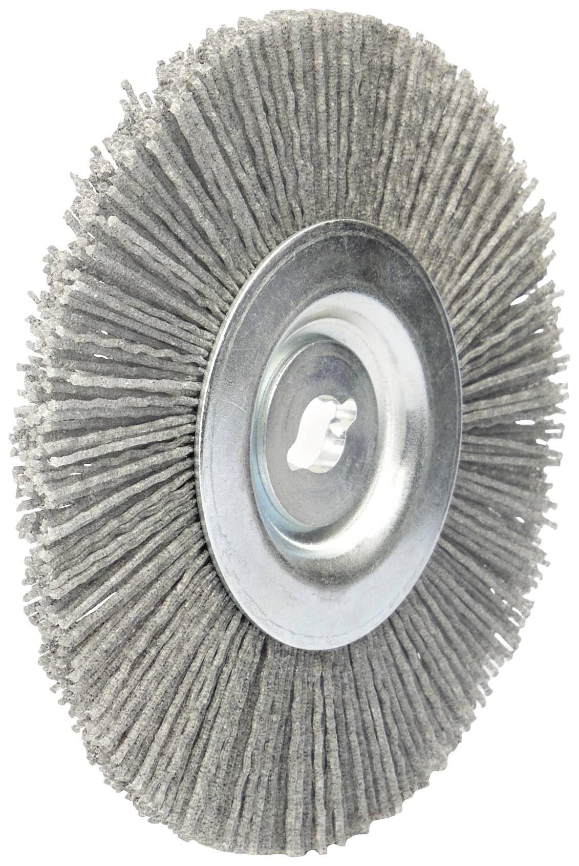Szczotka tarczowa z szarymi włoskami i metalowym środkiem; typowe narzędzie do obróbki powierzchni i czyszczenia.