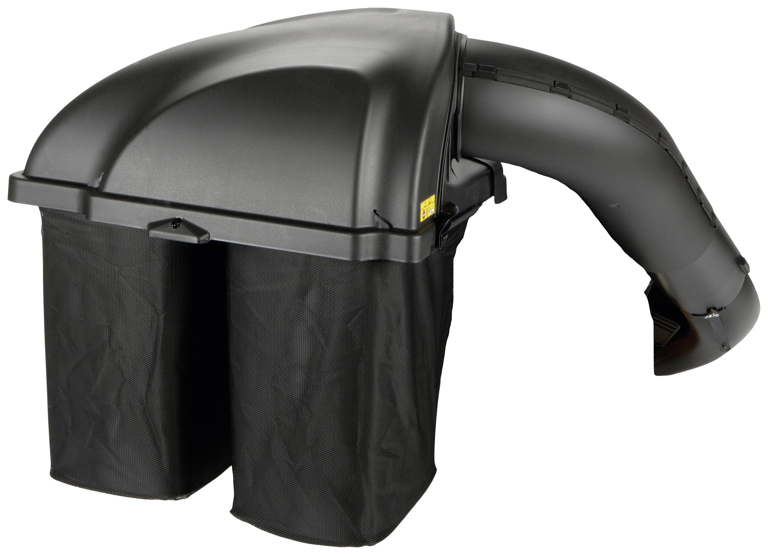 Dwa czarne worki na trawę przy urządzeniu ogrodniczym z zakrzywionym przewodem. Idealne do zbierania skoszonej trawy.