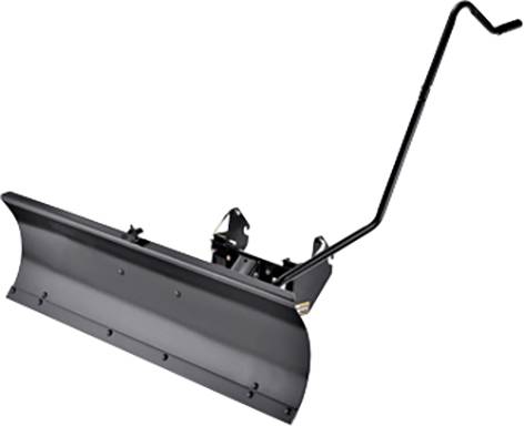 Pług śnieżny bez tła, z długą rączką i szeroką metalową łopatą. Odpowiedni do zamocowania na pojeździe do odśnieżania.