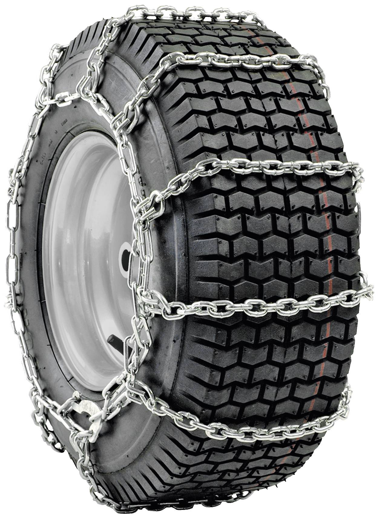 Opona samochodowa z zamontowanymi łańcuchami przeciwśnieżnymi. Łańcuchy są rozmieszczone w regularnym wzorze wokół opony, aby zwiększyć przyczepność.