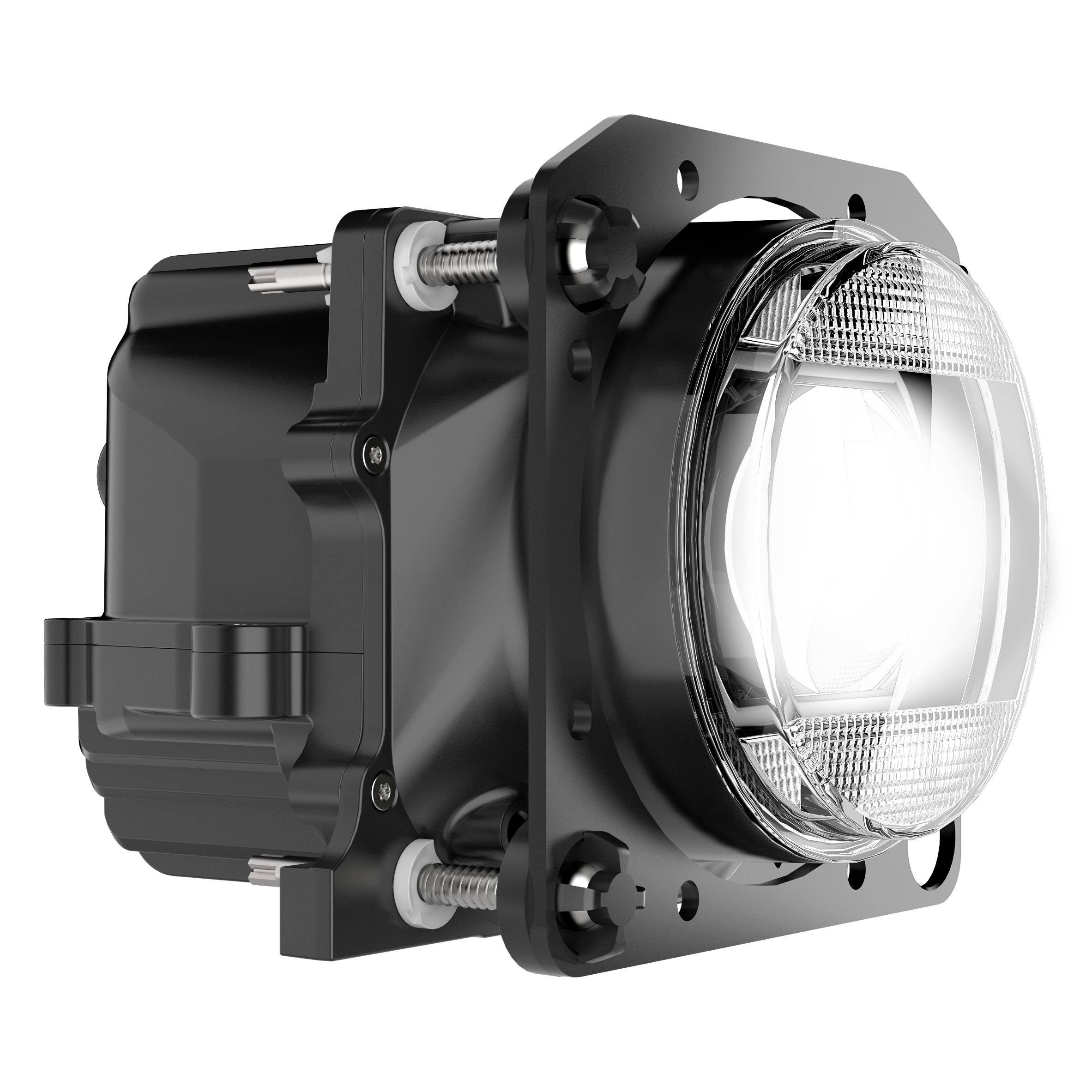 Czarna, prostokątna lampa LED z matowym szkłem i metalową ramką, skierowana w prawo, odpowiednia do pojazdów lub maszyn.