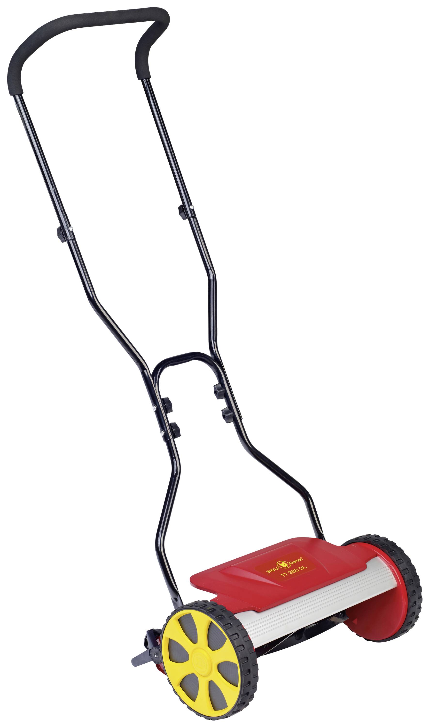 Ręczna kosiarka z czerwoną obudową, żółtymi kołami i czarną rączką. Odpowiednia do małych ogrodów.