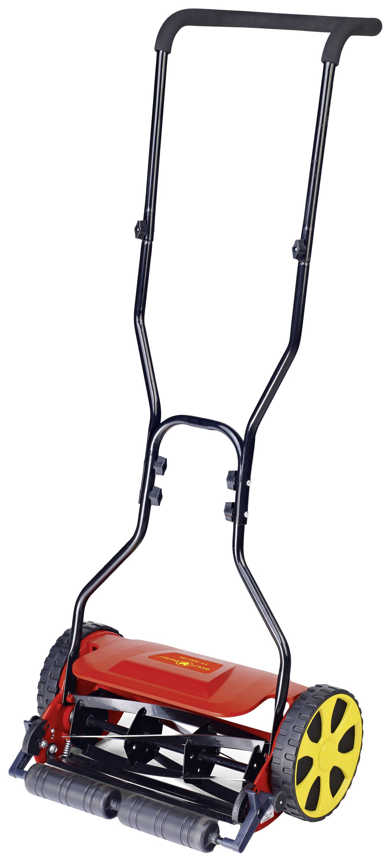Ręczna kosiarka z czerwoną obudową, czarnymi uchwytami i żółtymi kołami stoi pionowo.