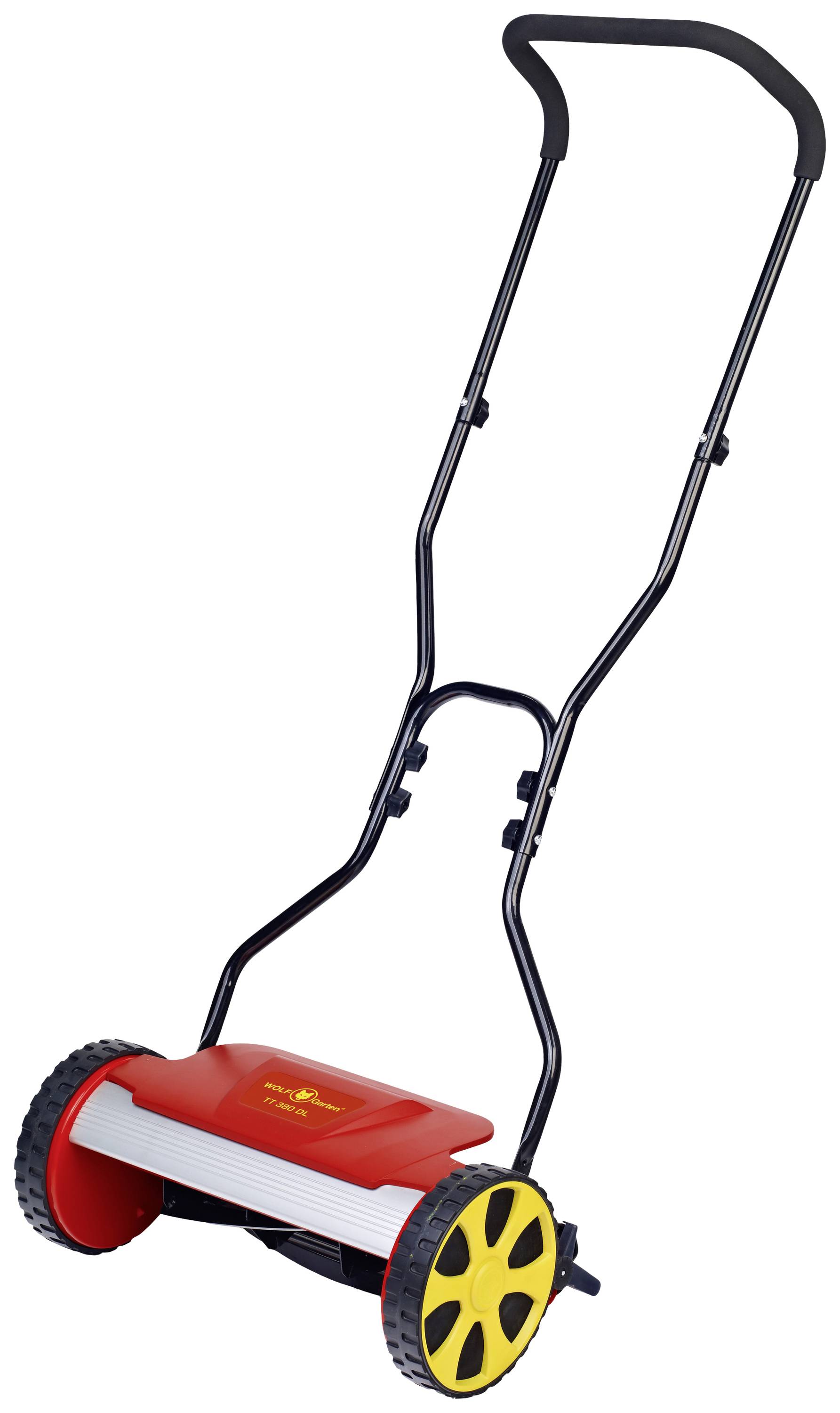 Ręczna kosiarka bębnowa w kolorach czerwono-żółtych, z czarną rączką i dużymi kołami, odpowiednia do koszenia trawy bez użycia prądu lub benzyny.