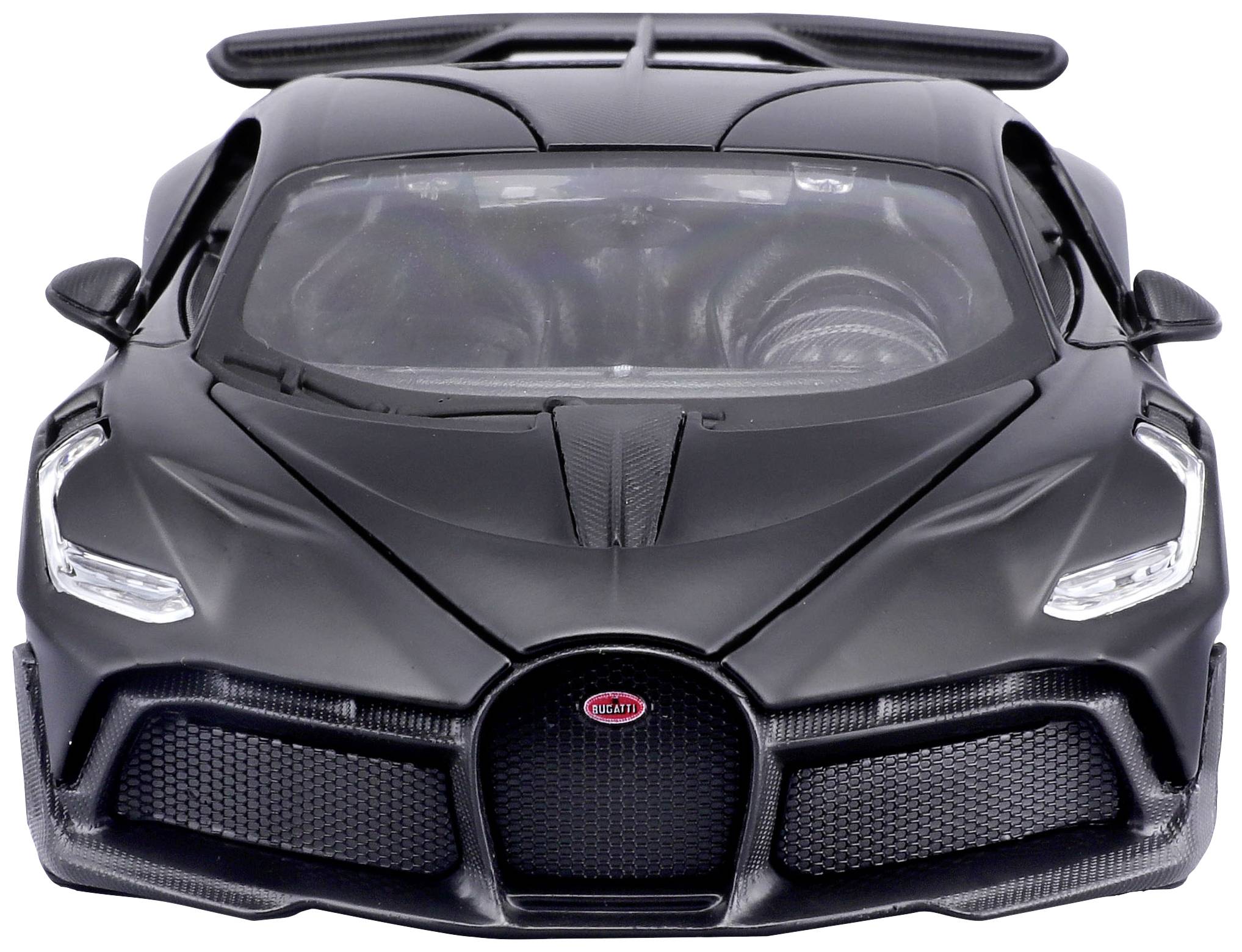 Czarny model samochodu sportowego widziany od przodu, z charakterystycznym grillem chłodnicy i aerodynamiczną sylwetką.