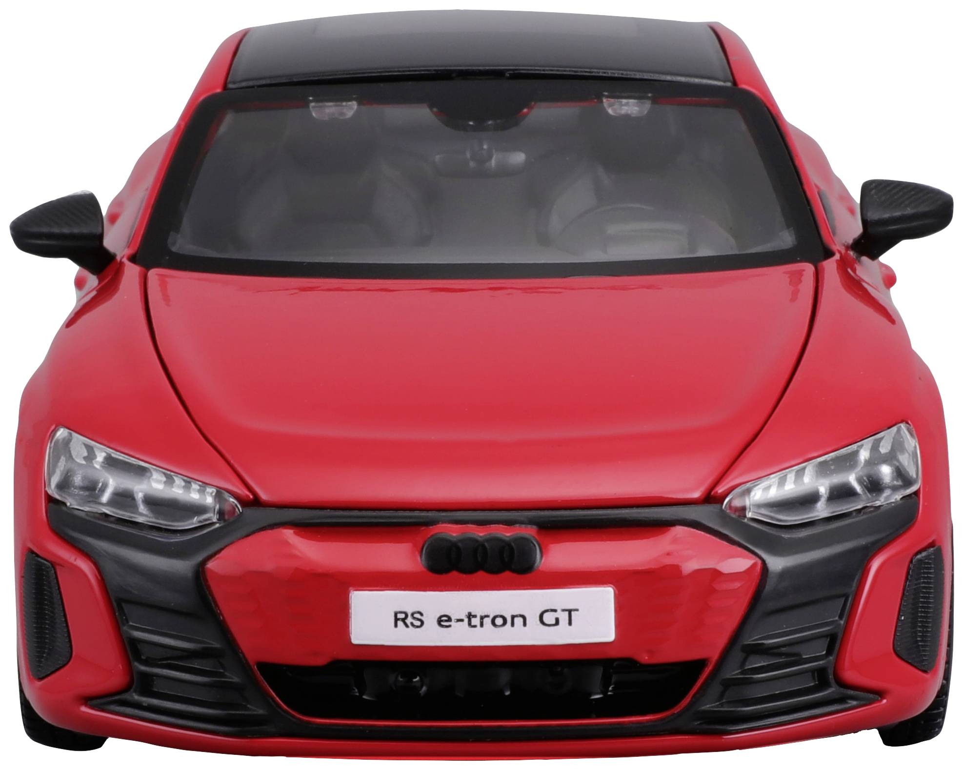 Czerwony model samochodu sportowego, widok z przodu, z napisem 'RS e-tron GT' na tablicy rejestracyjnej.