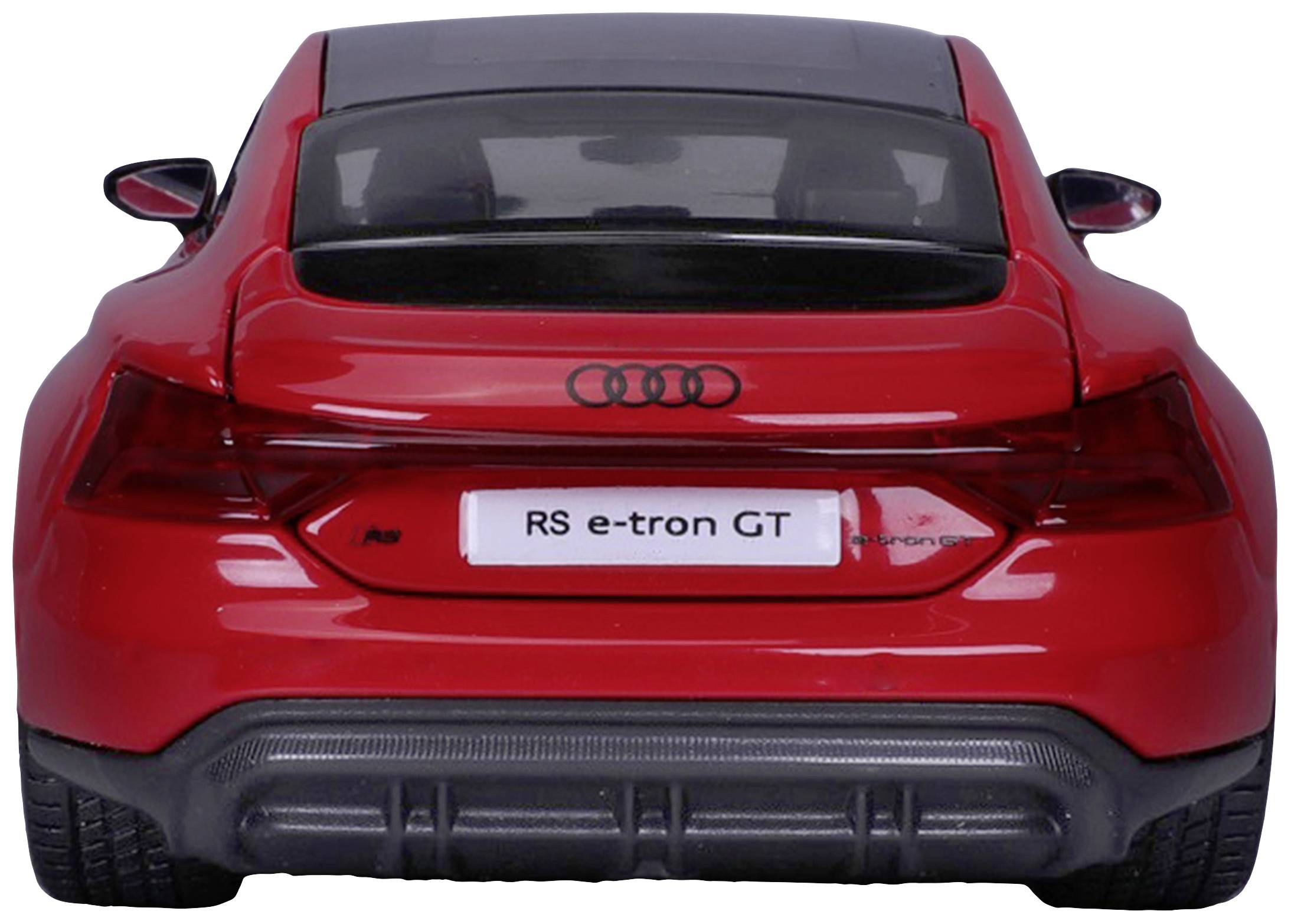 Czerwony Audi RS e-tron GT widziany od tyłu, z czarnym dachem.