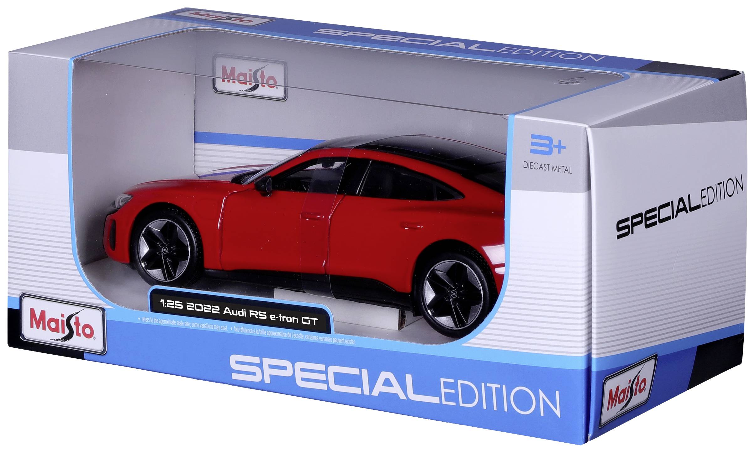 Model samochodu czerwonego Audi RS e-tron GT w niebieskim opakowaniu z napisem 'EDYCJA SPECJALNA', odpowiedni dla dzieci od lat 3.