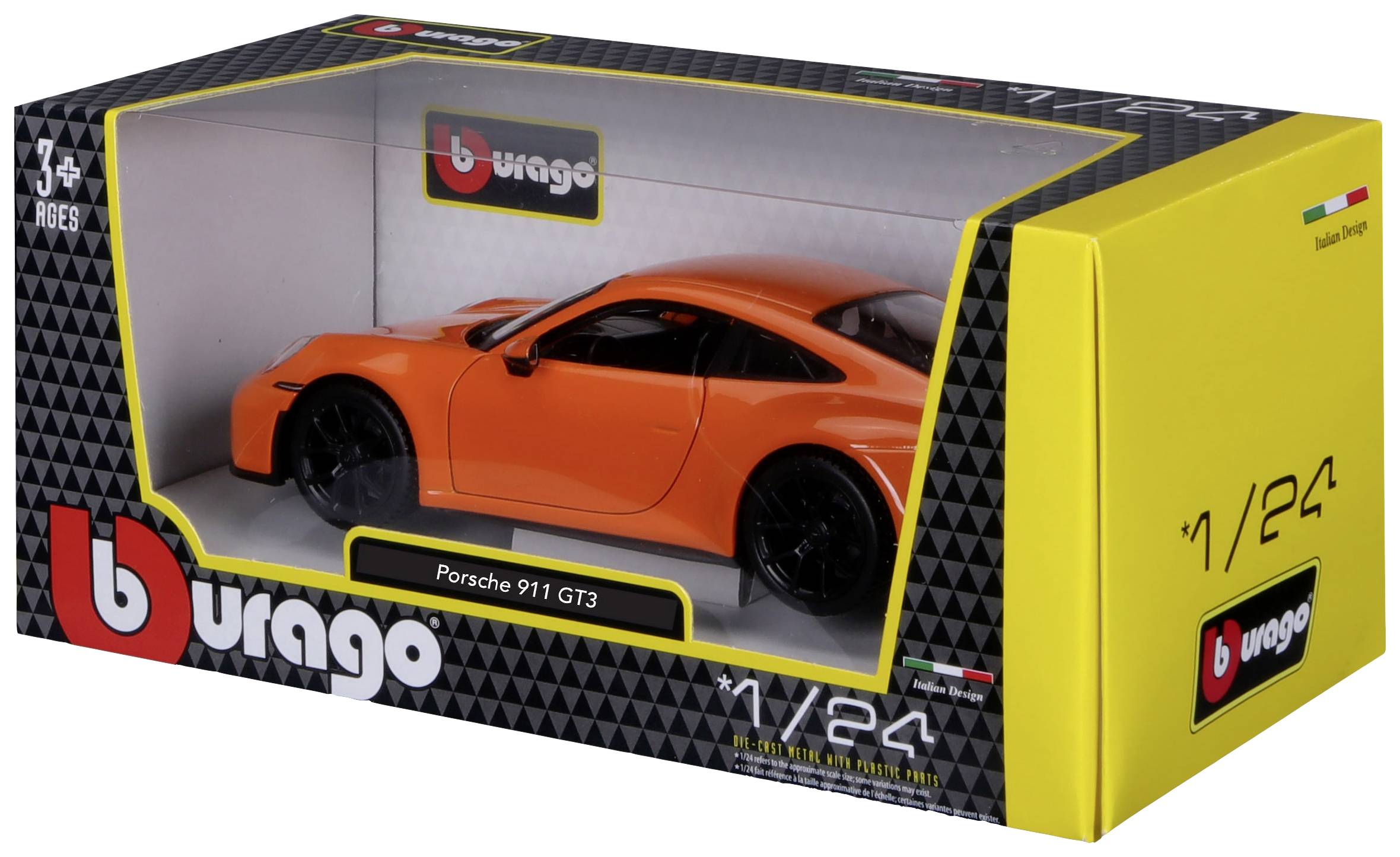 'Model samochodu Porsche 911 GT3 w skali 1:24 w kolorze pomarańczowym, w oryginalnym opakowaniu firmy Bburago, odpowiedni dla dzieci powyżej 3 lat.'