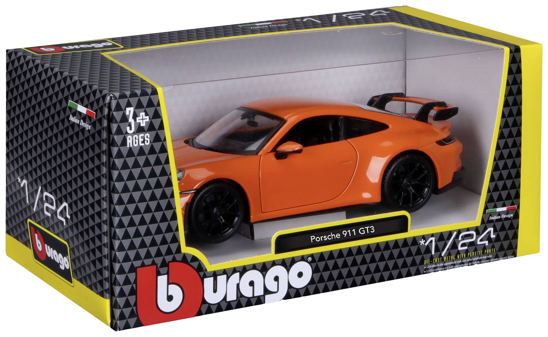 Model zabawkowy pomarańczowego Porsche 911 GT3 w czarno-żółtym opakowaniu z logo Bburago, przeznaczony dla dzieci powyżej 3 roku życia.