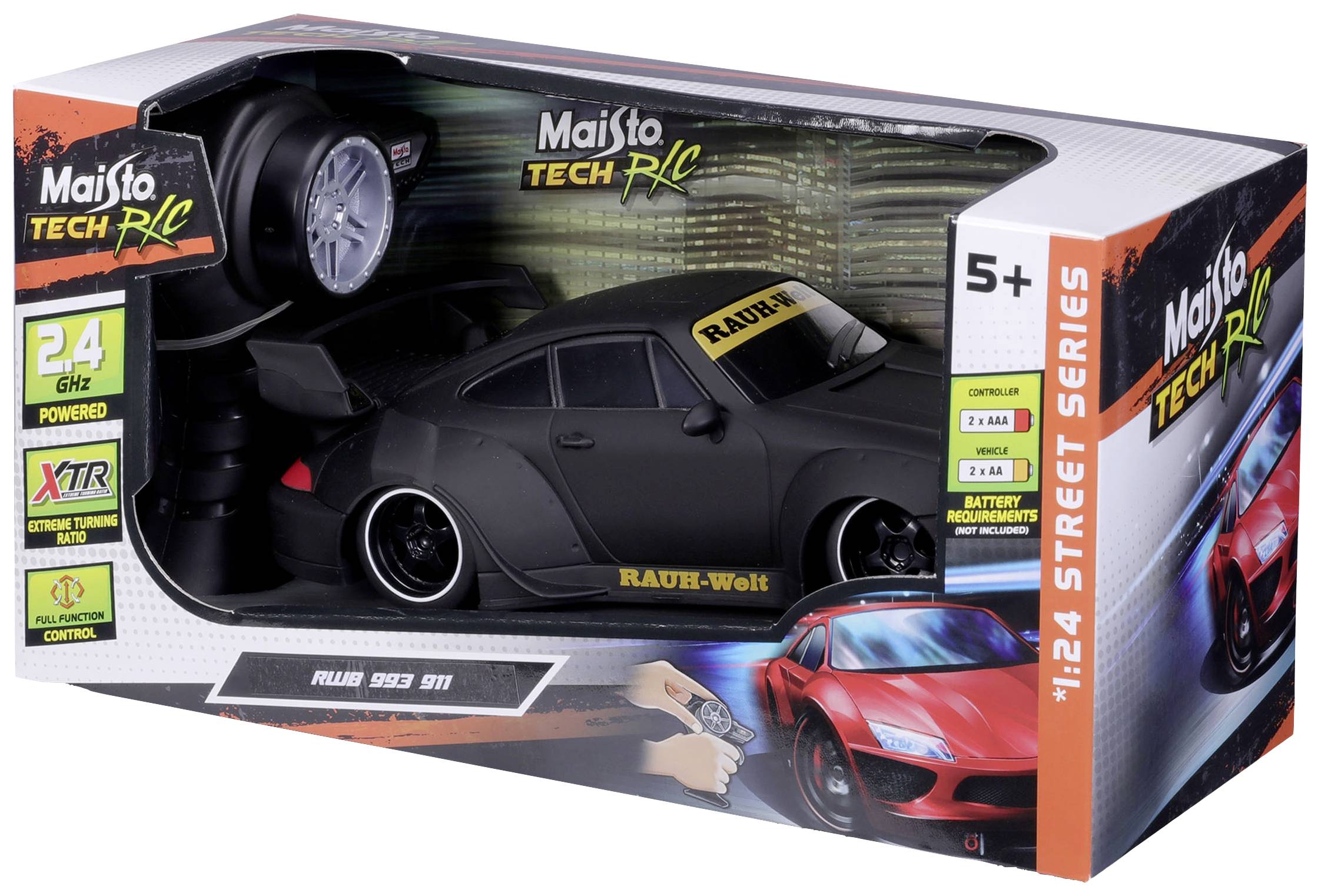 Zdalnie sterowany samochód modelarski 'Maisto Tech R/C' dla dzieci od 5 lat, skala 1:24, z pilotem zdalnego sterowania, w oryginalnym opakowaniu.