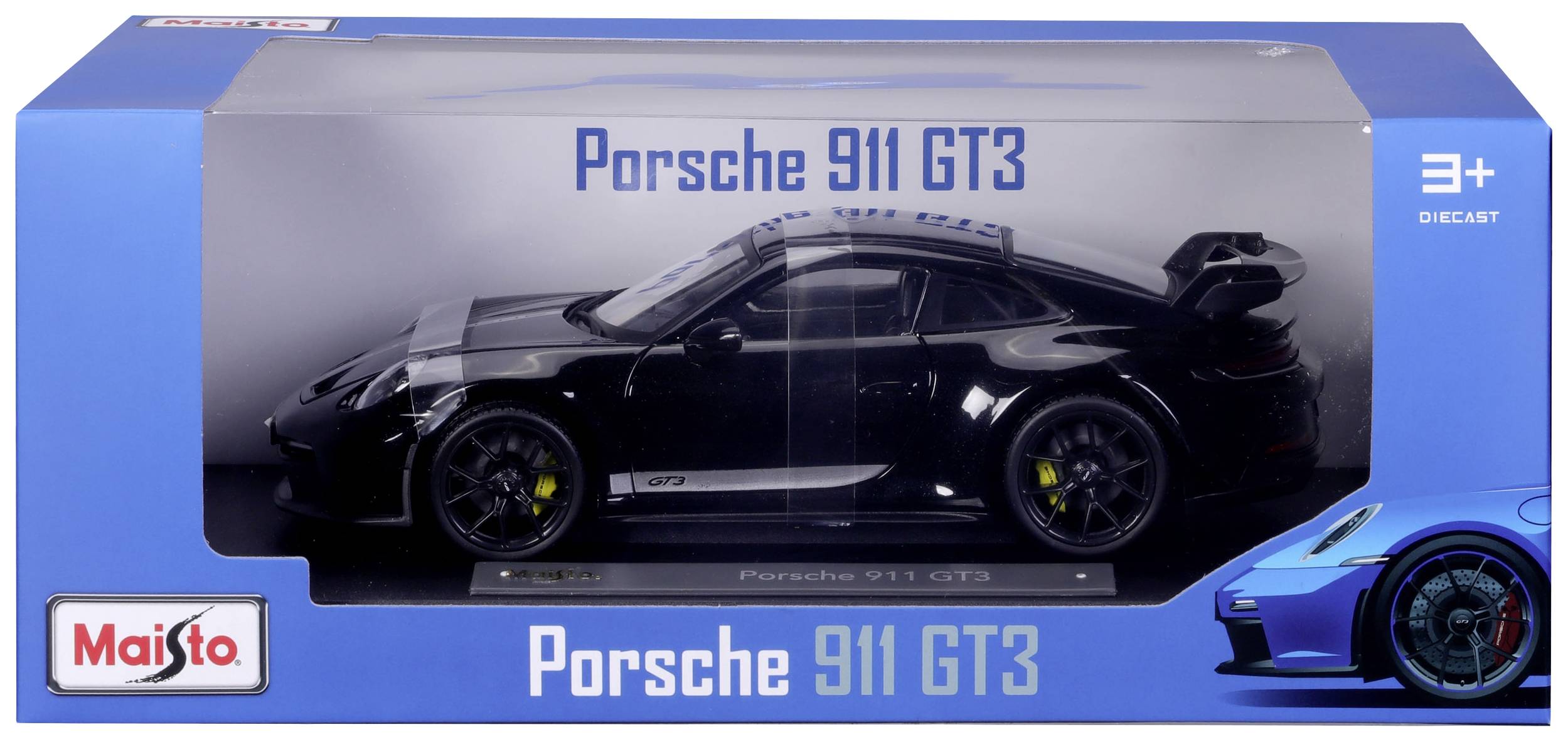 Czarny model samochodu 'Porsche 911 GT3' w niebieskim opakowaniu. Napis wskazuje: 'Porsche 911 GT3'. Odpowiedni dla dzieci powyżej 3 roku życia.