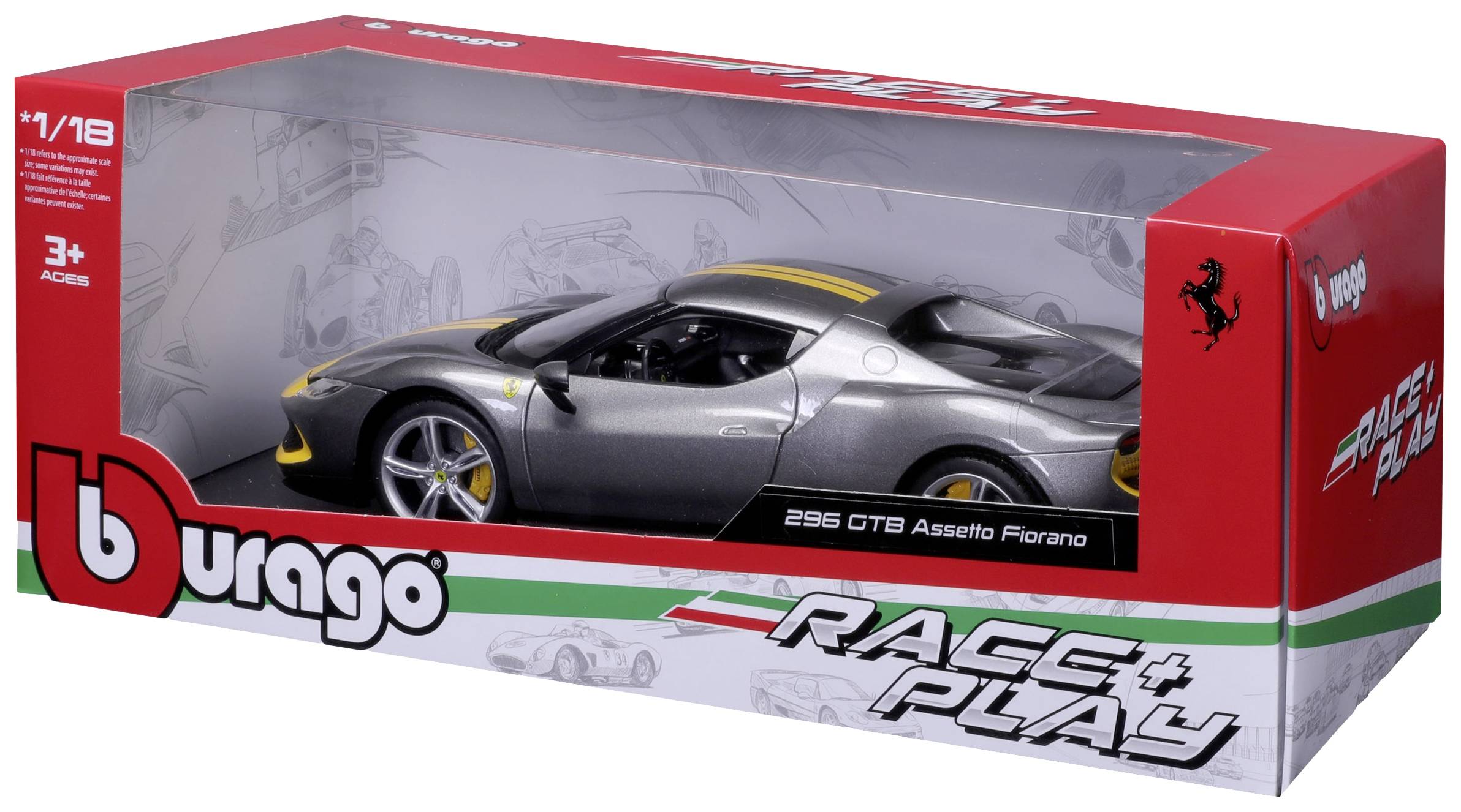 Model samochodu Ferrari 296 GTB w szarym kolorze, zapakowany w czerwono-białe opakowanie z napisem 'Bburago Race & Play'.