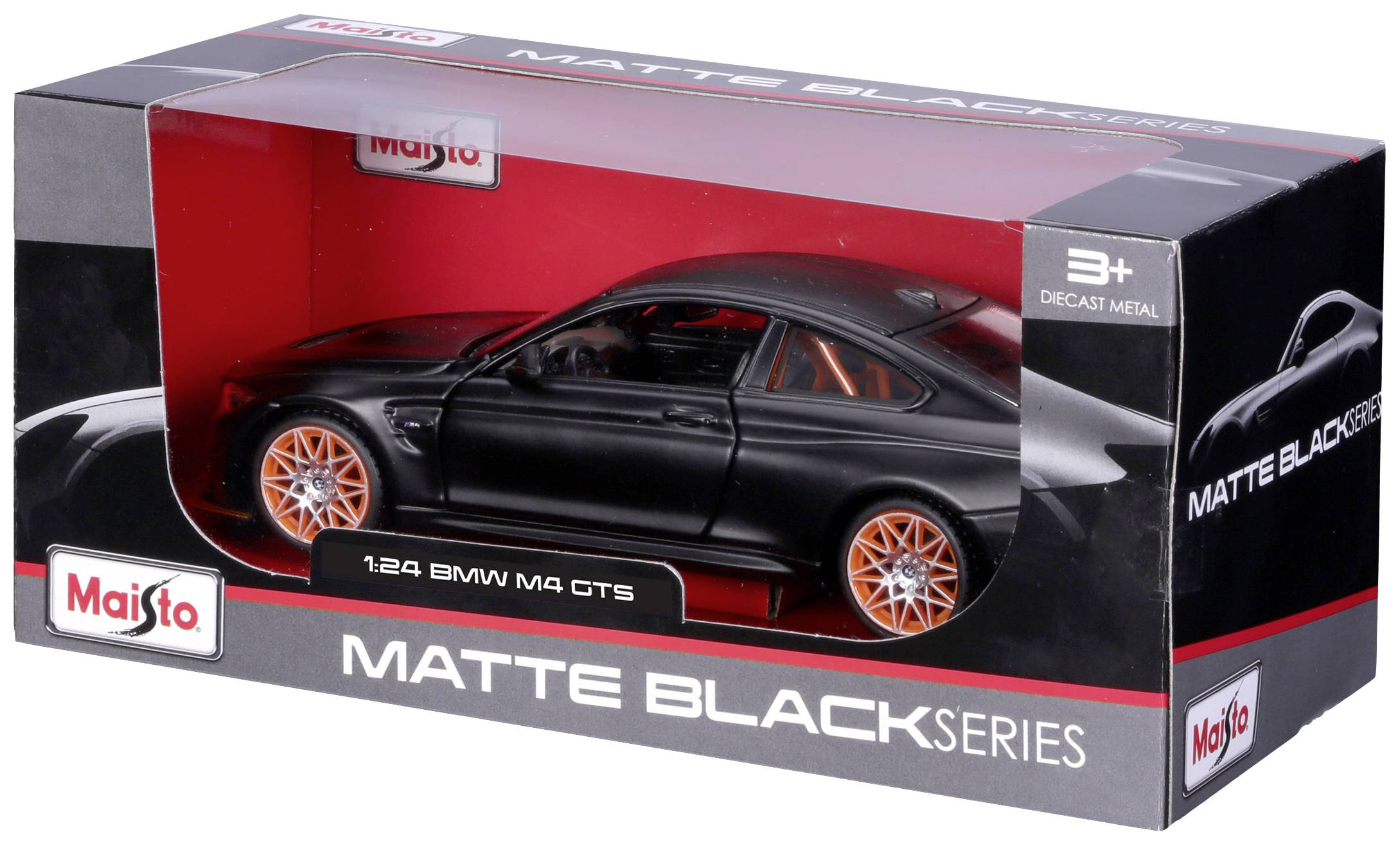 Opakowanie modelu samochodu: 1:24 BMW M4 GTS, lakier czarny, felgi w kolorze pomarańczowym, marka 'Maisto', część serii 'Matte Black Series'.