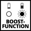 Obraz przedstawia dwa symbole: po lewej stronie pustą baterię, a po prawej pełną baterię. Poniżej znajduje się okrąg i słońce z promieniami. Tekst: 'Funkcja Boost'.