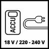 Symbol napięcia akumulatora i wtyczki z napisem '18 V / 220 - 240 V'. Wskazuje na kompatybilność napięcia między akumulatorem a źródłem zasilania.