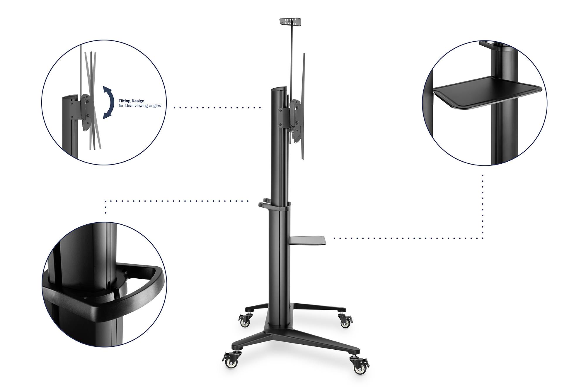 Regulowany na wysokość czarny stojak na kółkach, wyposażony w uchwyty i półki. Odpowiedni dla monitorów i urządzeń technicznych.