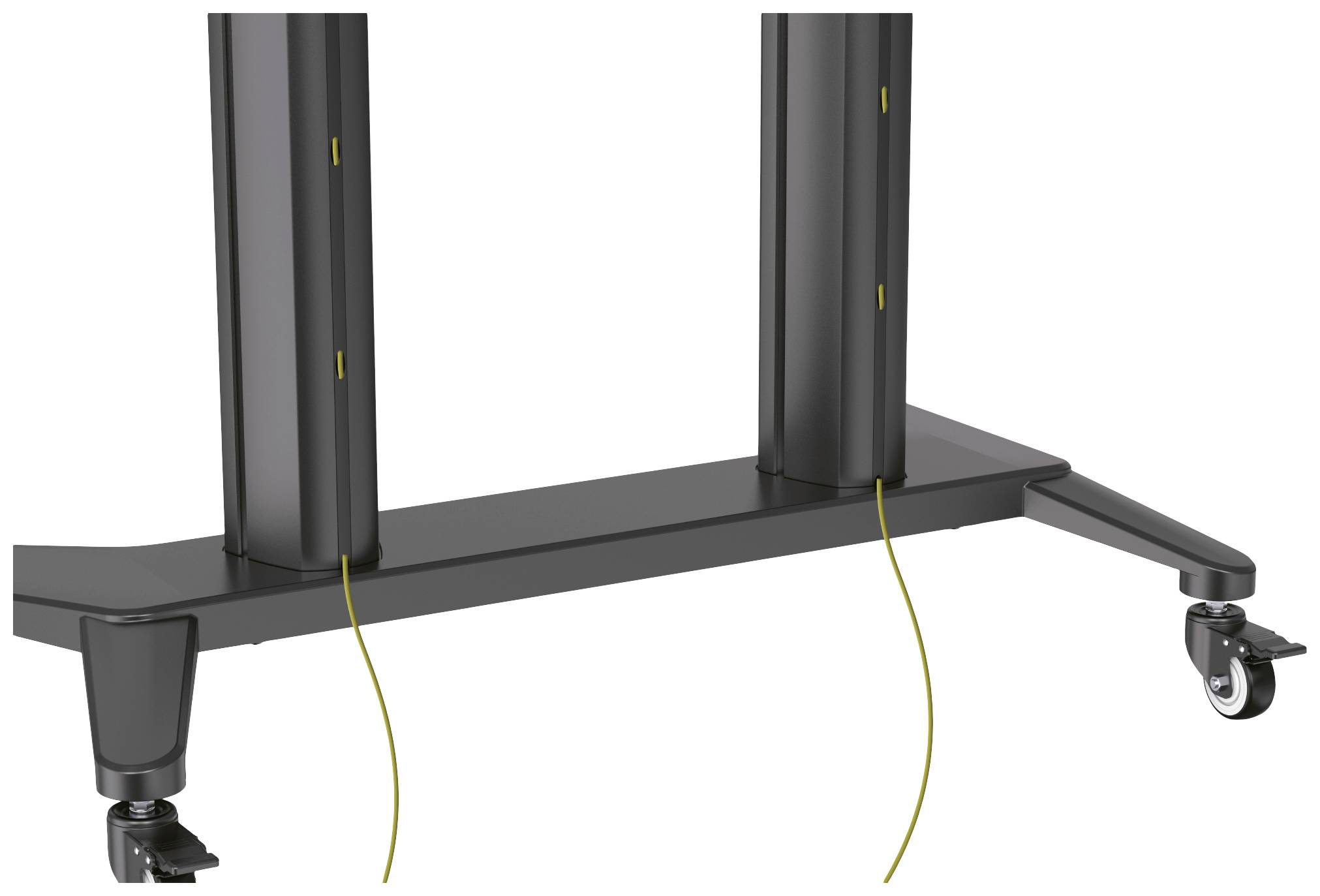Stopa mobilnego stojaka na telewizor z kółkami, prezentująca zarządzanie kablami na słupach.