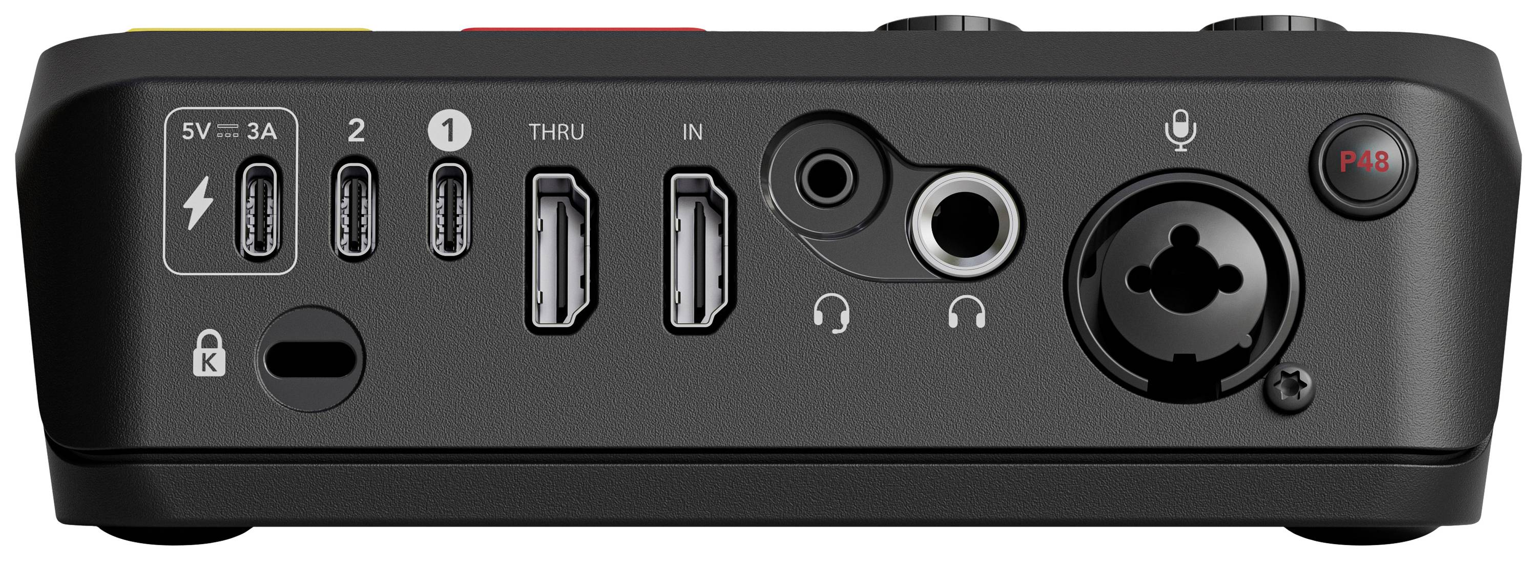 Tylna strona urządzenia audio z różnymi złączami: dwa porty USB-C, dwa porty USB-A, gniazdo słuchawkowe, wejście XLR oraz wejście mikrofonowe.