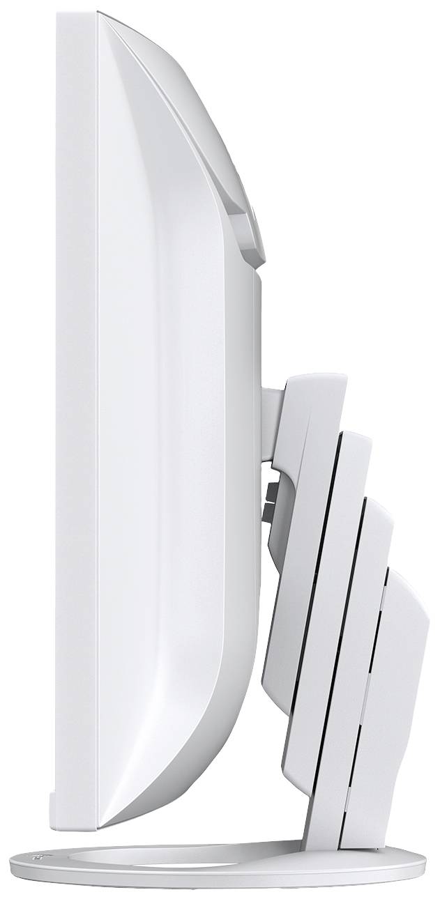 Biały, widok boczny monitora komputerowego z regulowanym kątem nachylenia na okrągłej podstawie.