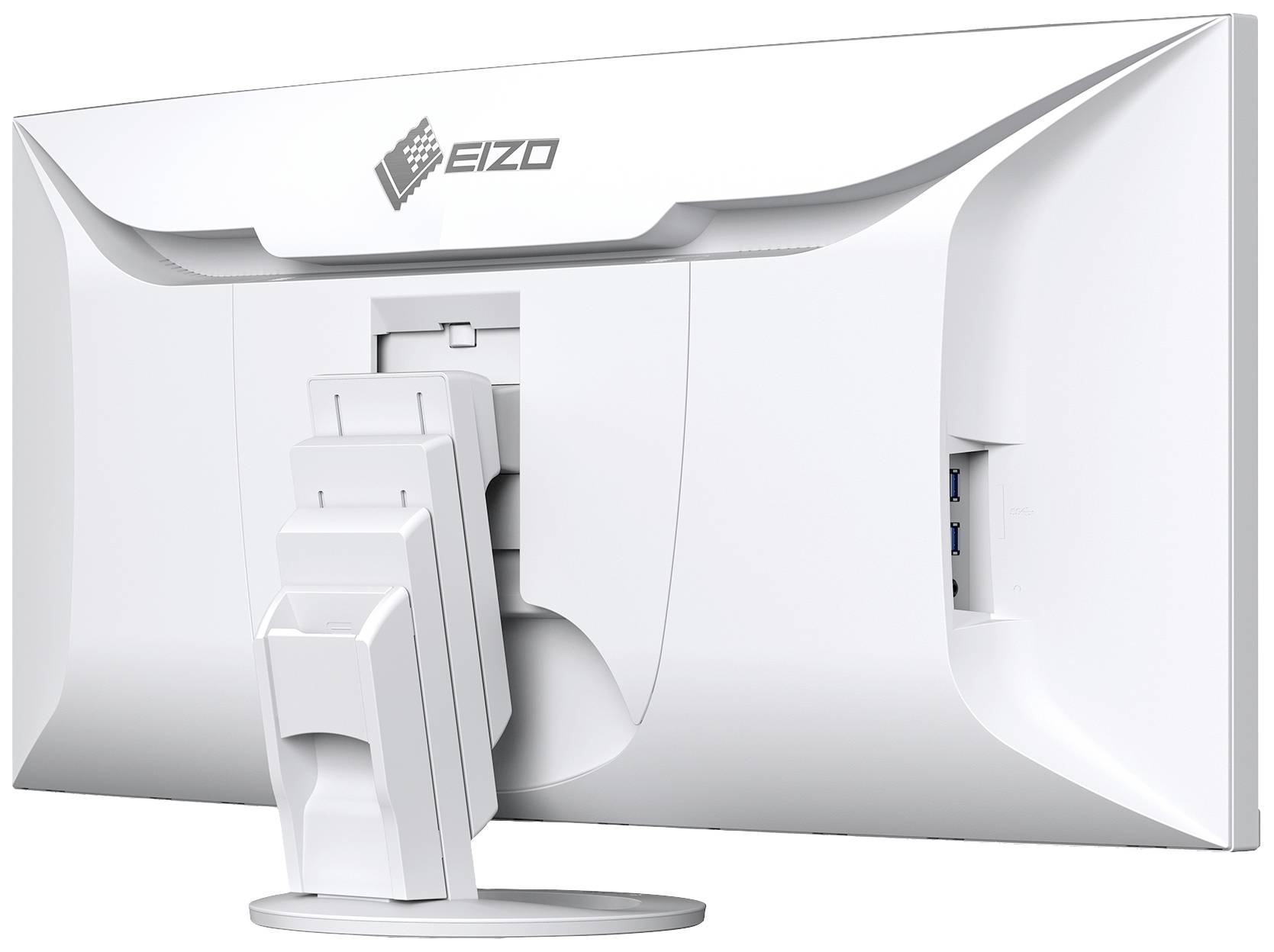 Widok z tyłu białego monitora komputerowego na podstawce. Logo marki u góry, widoczne złącza z boku.