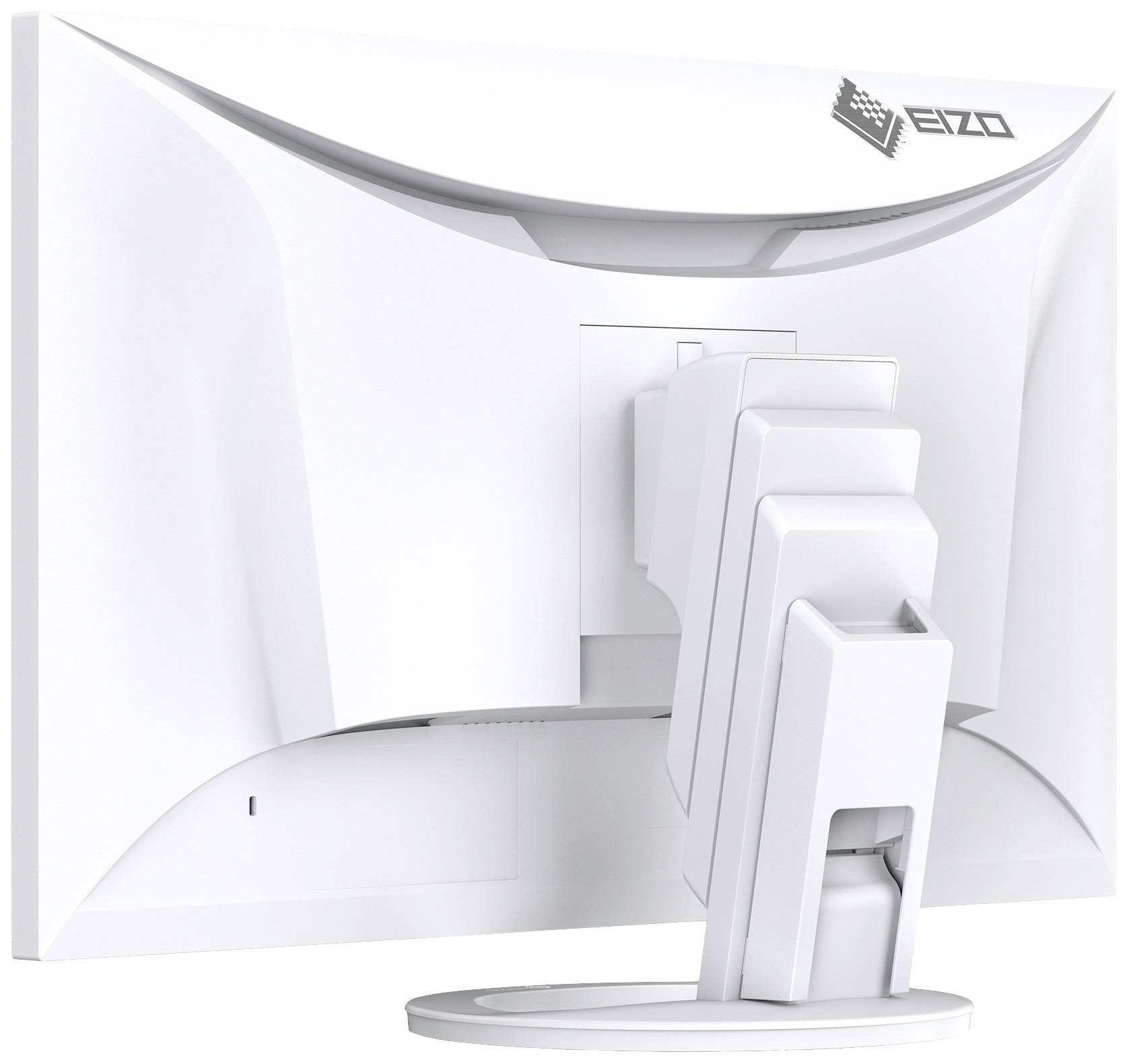 Biały monitor komputerowy widziany od tyłu, prezentujący logo Eizo oraz regulowany stojak umożliwiający elastyczne dostosowanie wysokości ekranu.