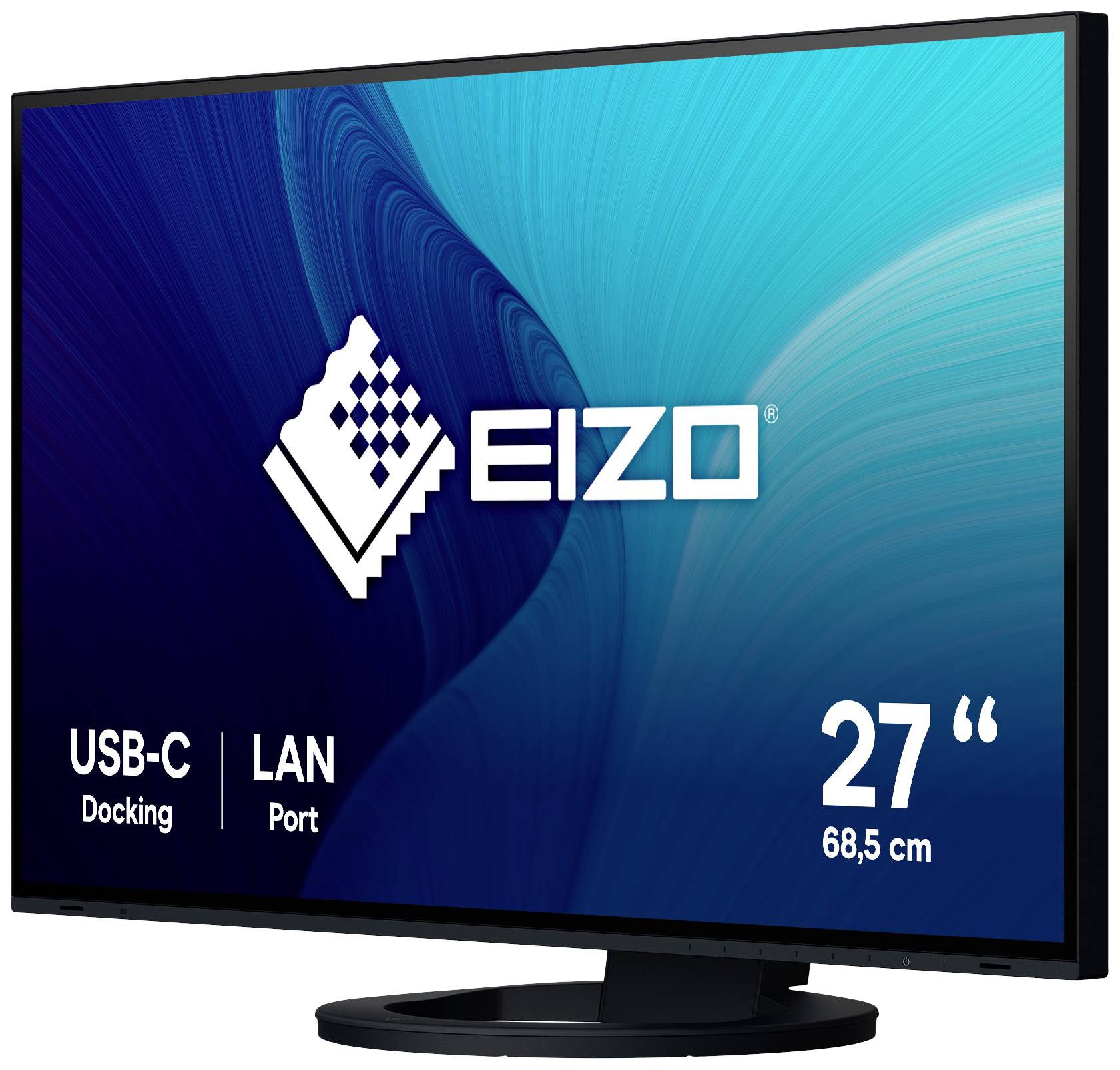 Monitor Eizo z dokowym złączem USB-C i portem LAN, o przekątnej ekranu 27 cali (68,5 cm) na niebieskim tle.