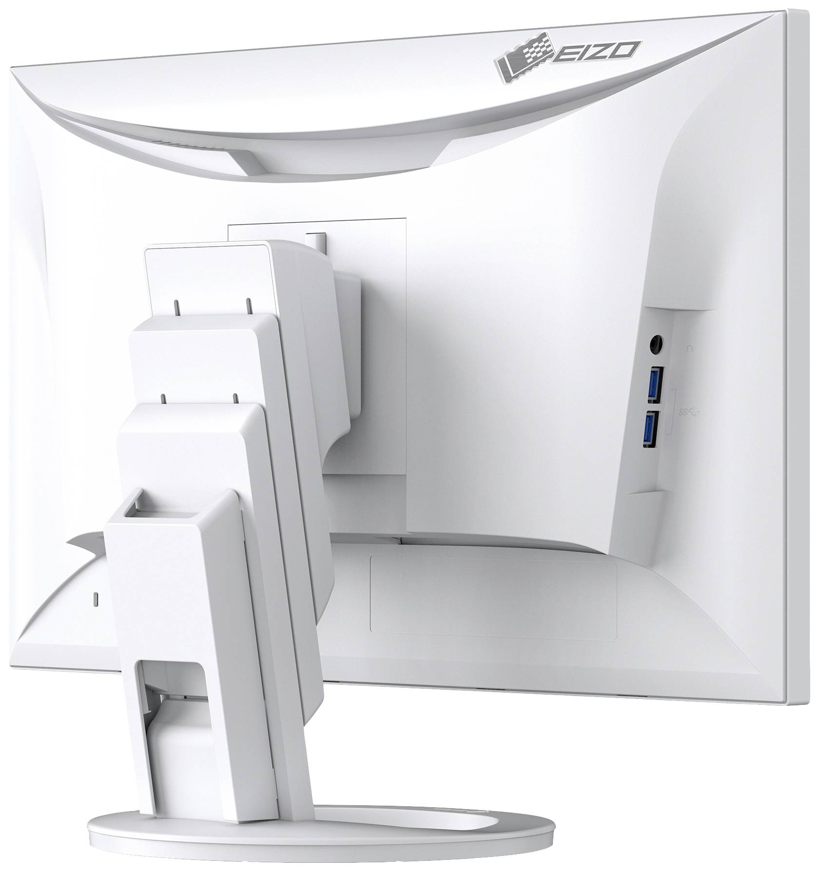 Biały ekran komputerowy widziany od tyłu, prezentujący regulowaną podstawę oraz złącza z boku dla zwiększonej łączności.