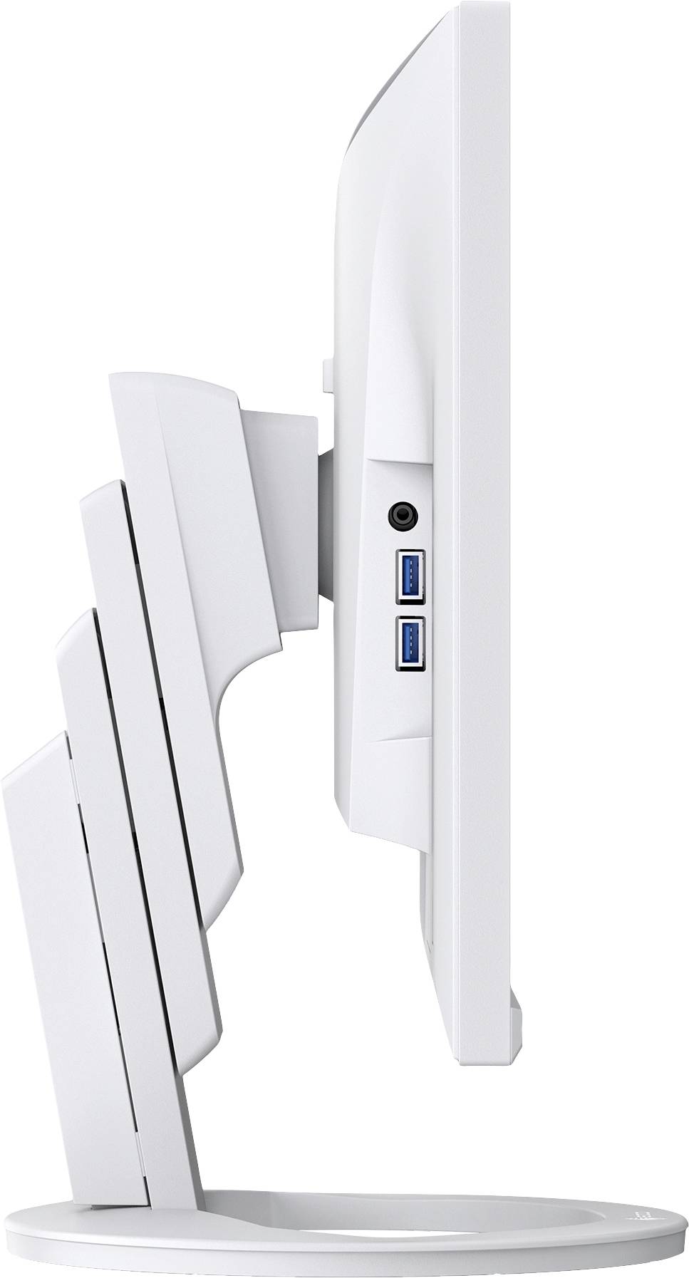 Biały monitor komputerowy widziany z boku, wyposażony w regulowaną podstawkę oraz dwa porty USB.