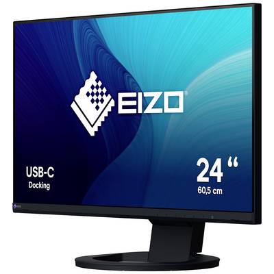 Monitor z funkcją dokowania przez USB-C, 24 cale (60,5 cm) przekątnej ekranu, wyświetlający logo EIZO na tle niebiesko-zielonym.