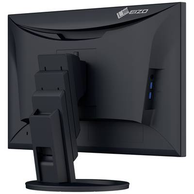 Czarny monitor komputerowy widziany od tyłu. Posiada stabilną podstawę, obrotowy wyświetlacz oraz dwa porty USB z boku.