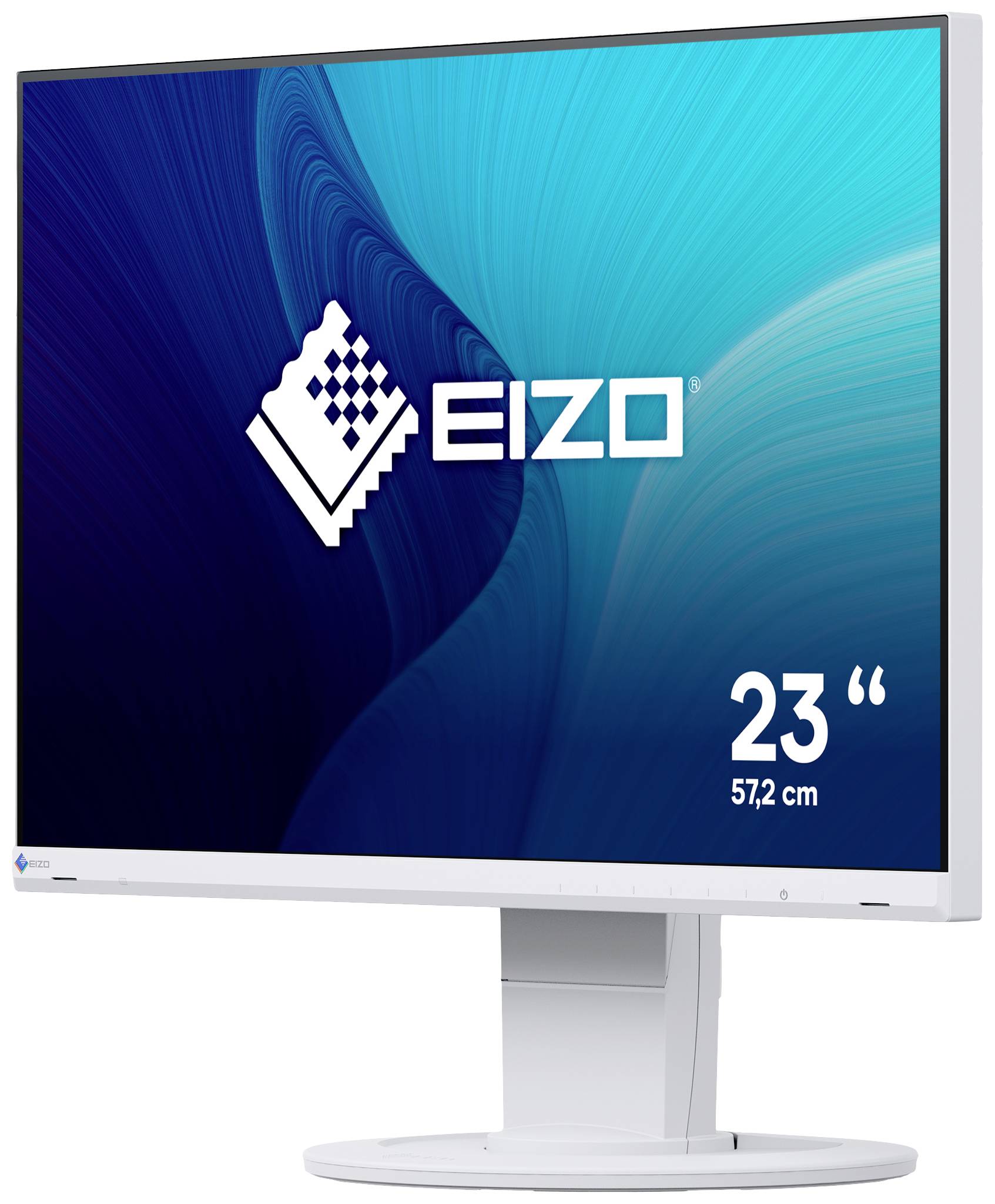 Biały monitor komputerowy marki EIZO o przekątnej ekranu 23 cale (57,2 cm) na niebieskim, abstrakcyjnym tle.