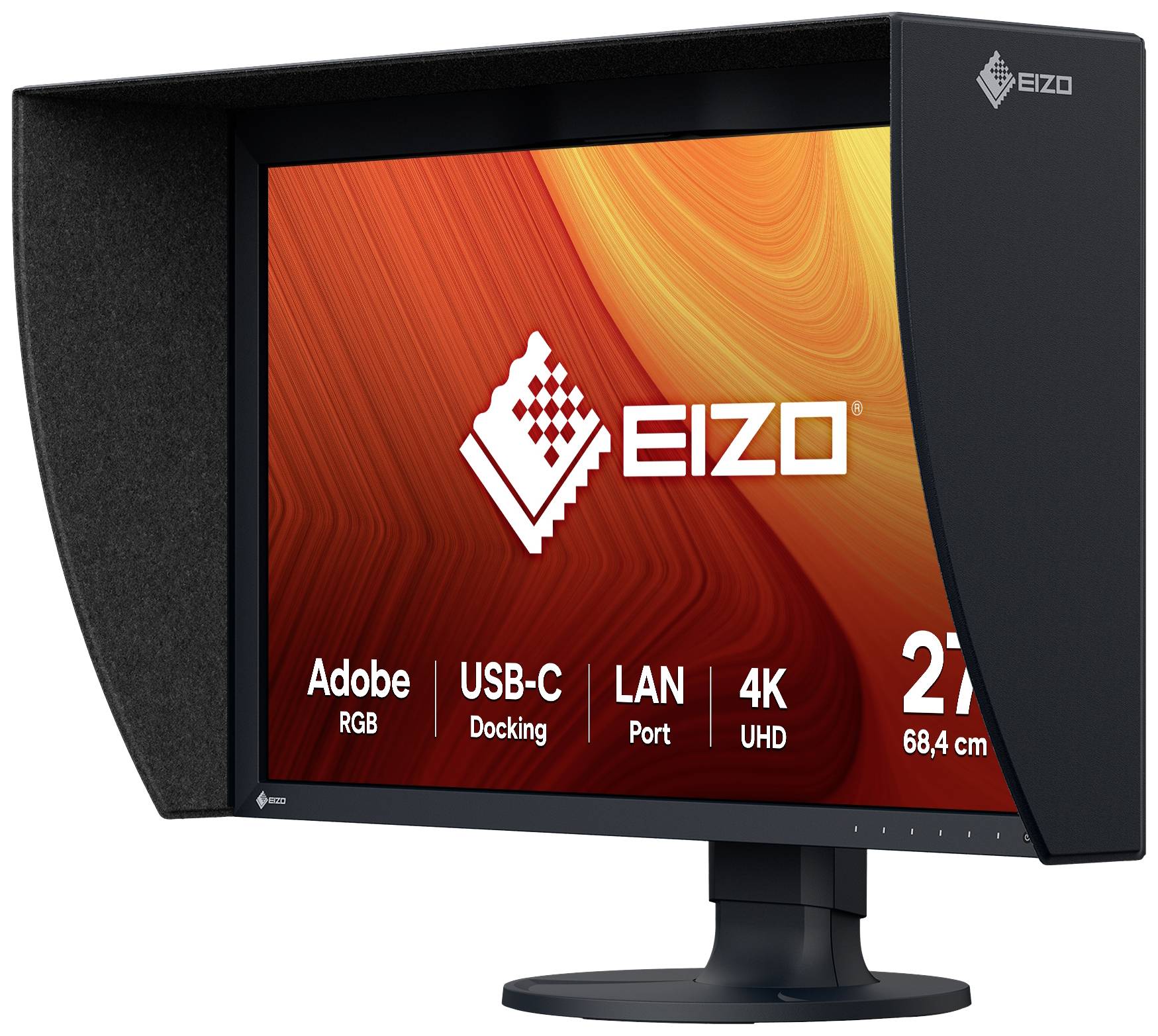 Monitor komputerowy z ekranem w intensywnym pomarańczowym kolorze, na którym wyświetlane są logo 'EIZO' oraz specyfikacje techniczne, takie jak 27 cali, 4K UHD.