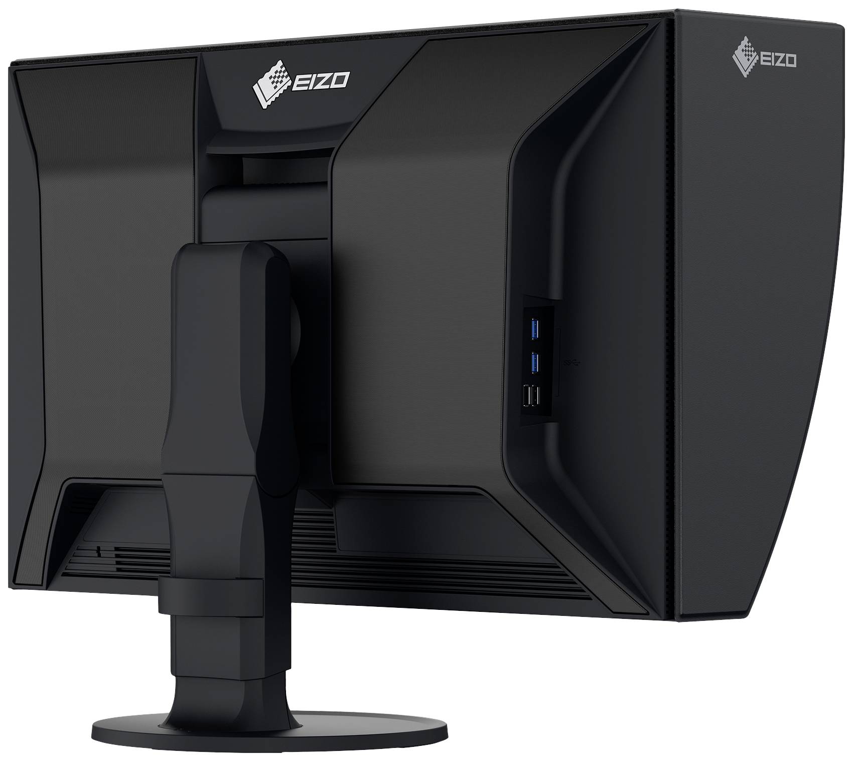 Czarny monitor komputerowy widziany od tyłu z dwoma złączami USB po bokach. Logo 'EIZO' jest widoczne w lewym górnym rogu.
