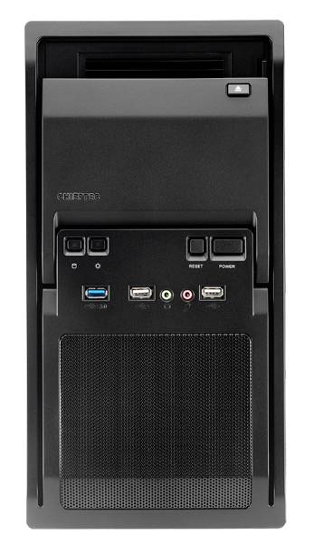 Czarna obudowa komputera z wieloma portami i przyciskiem zasilania na przedniej ścianie.