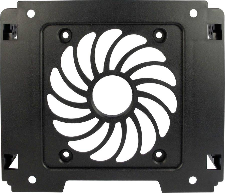 Czarna kratka wentylacyjna z spiralnymi szczelinami pośrodku, służąca do wentylacji, przymocowana śrubami do kwadratowej płyty.