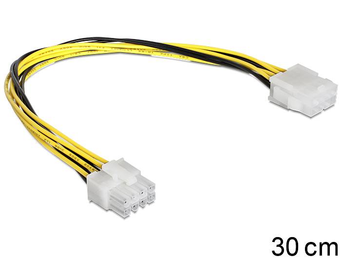 'Przedłużacz kabla zasilania PCIe, wtyk 8-pin do gniazda 8-pin, długość 30 cm, przewody żółto-czarne.'