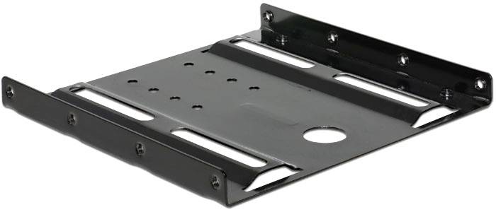 Metalowa rama montażowa, czarna, płaska, z wieloma otworami na śruby i zagiętymi krawędziami bocznymi. Odpowiednia do sprzętu komputerowego.
