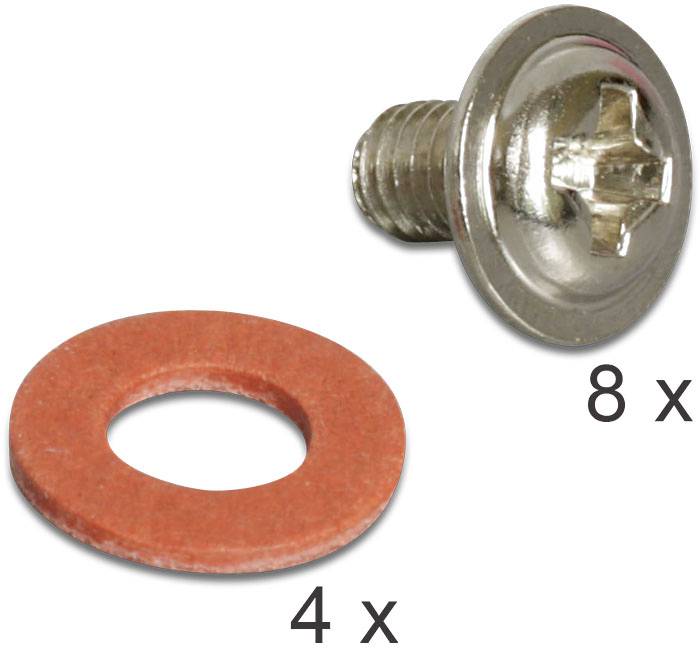'8 x śruba' i '4 x podkładka' są przedstawione. Srebrna śruba z łbem krzyżowym i czerwona podkładka są pokazane.