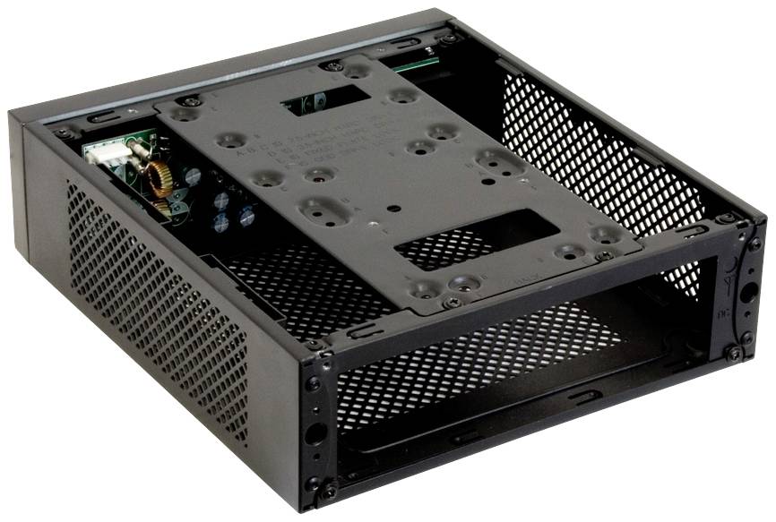 Metalowa obudowa komputerowa z perforowanymi ściankami i otwartą konstrukcją, przeznaczona dla płyt głównych Mini-ITX, bez przedniej osłony.