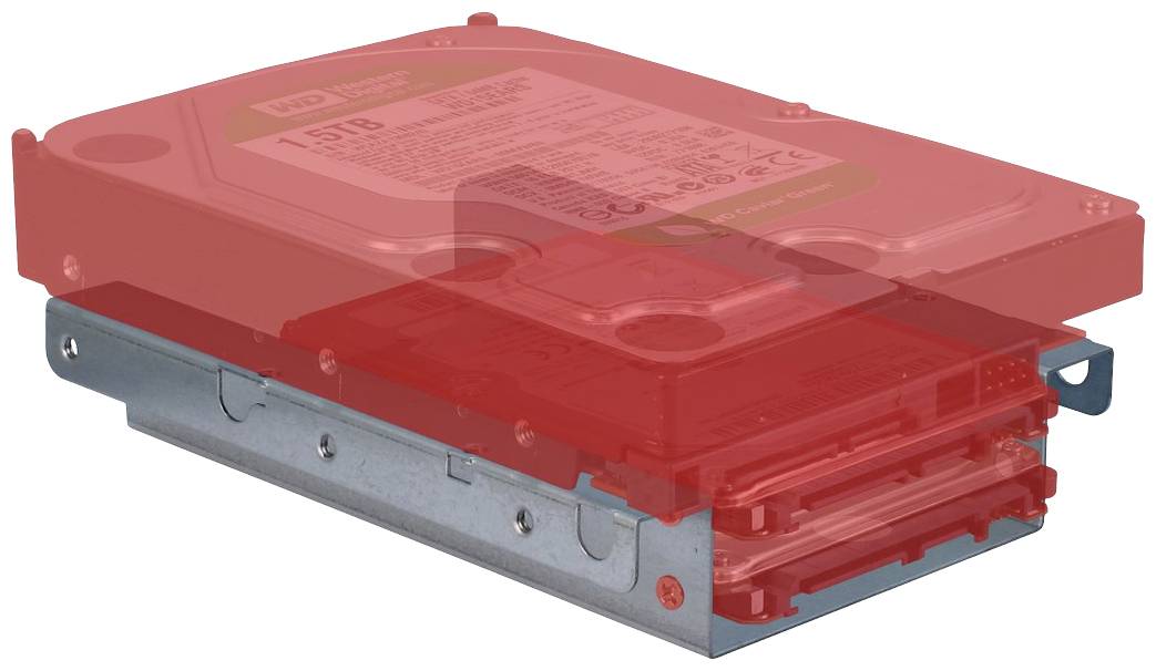 Stos dwóch wewnętrznych dysków twardych z czerwonym nakładaniem. Górny dysk twardy ma pojemność 1,5 TB.