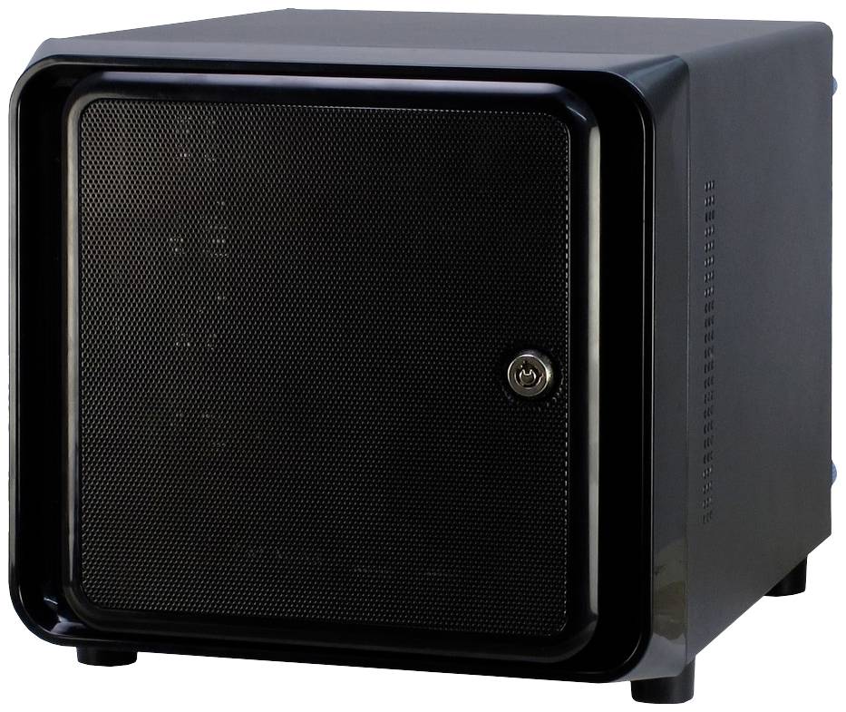 Czarny, kwadratowy sejf z błyszczącą przednią ścianką i zamkiem w środku, umieszczony na białej powierzchni.